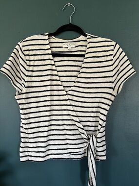 Madewell Black and White Striped Wrap Tie Top
